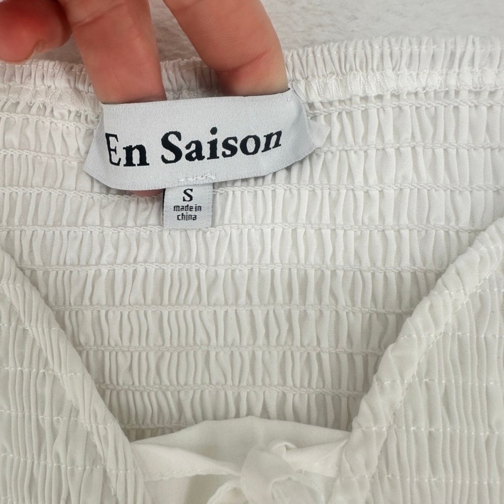 En Saison White Smocked Puff Sleeve Peplum Blouse Size S - Picture 4 of 11